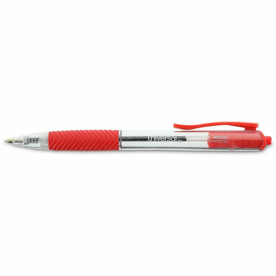 Universal Comfort Grip Ballpoint Pen - 1 mm Medium Conical Pen Point - Retractable - Red Ink - Clear, Red Barrel - 1 Dozen