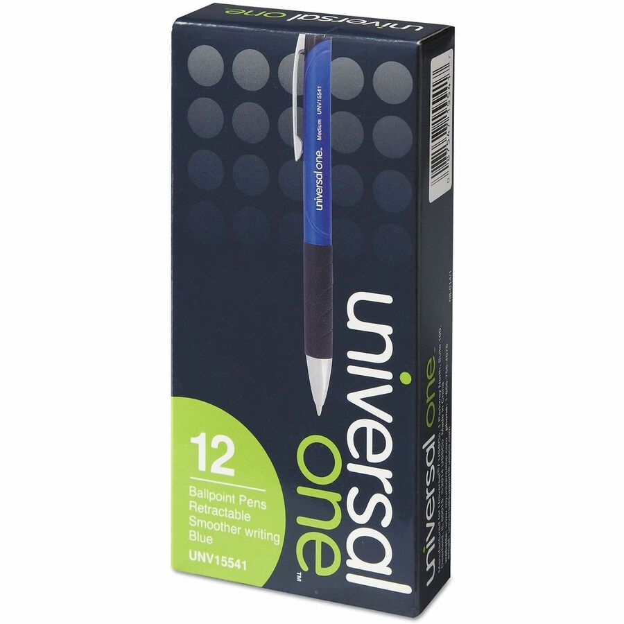 Universal Comfort Grip Ballpoint Pen - 1 mm Medium Conical Pen Point - Retractable - Blue Ink - Blue, Black Barrel - 1 Dozen