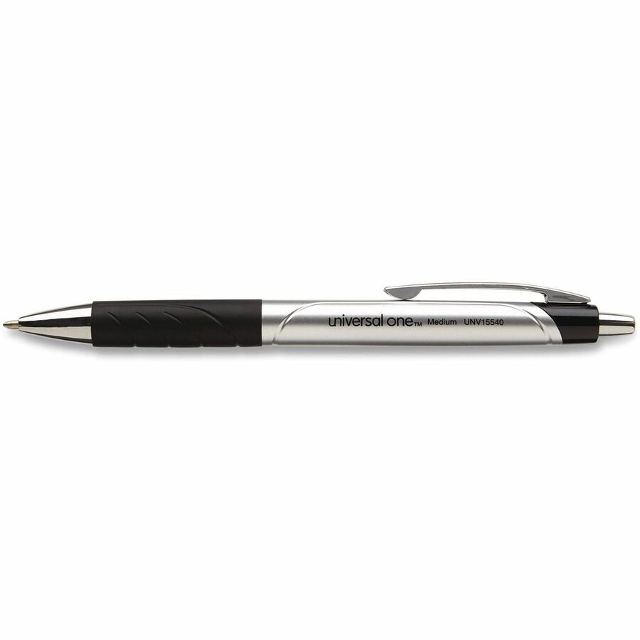 Universal Comfort Grip Ballpoint Pen - 1 mm Medium Conical Pen Point - Retractable - Black Ink - Silver, Black Barrel - 1 Dozen