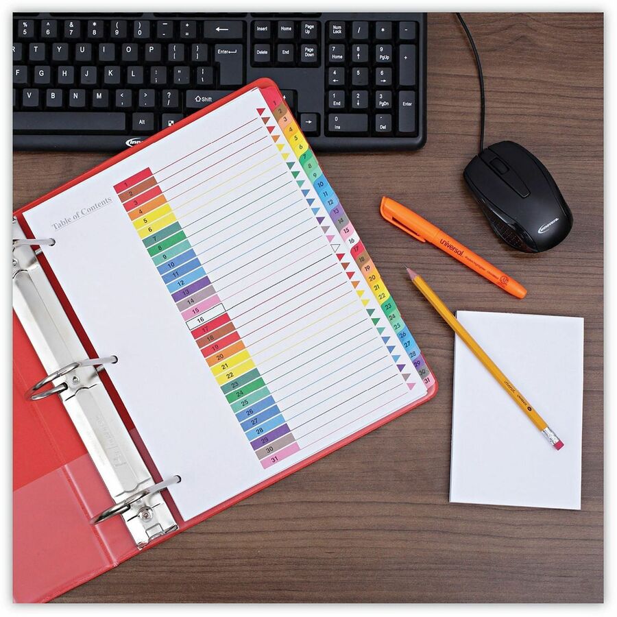 Universal Index Divider - 31 Side Tab(s) - Digit - 1-31 - 3 Hole Punched - White Paper Divider - Assorted Paper Tab(s) - Double-sided, Mylar Reinforced Edge, Laminated Tab - 1 Set