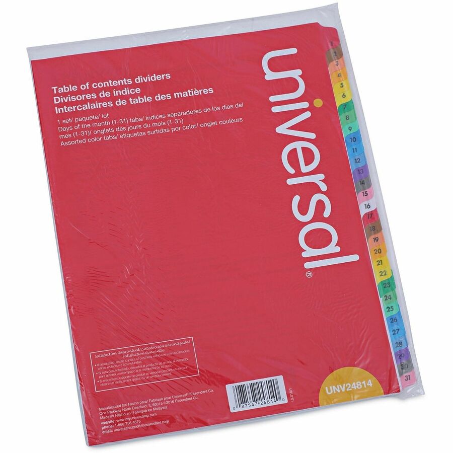 Universal Index Divider - 31 Side Tab(s) - Digit - 1-31 - 3 Hole Punched - White Paper Divider - Assorted Paper Tab(s) - Double-sided, Mylar Reinforced Edge, Laminated Tab - 1 Set