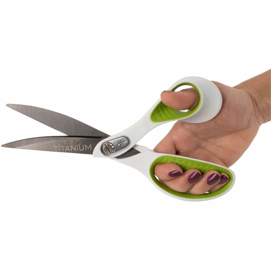Westcott Carbo Titanium Bent Scissors - 4.50" Cutting Length - 9" Overall Length - Bent-right - Blunted Tip - White, Green - 1 Each
