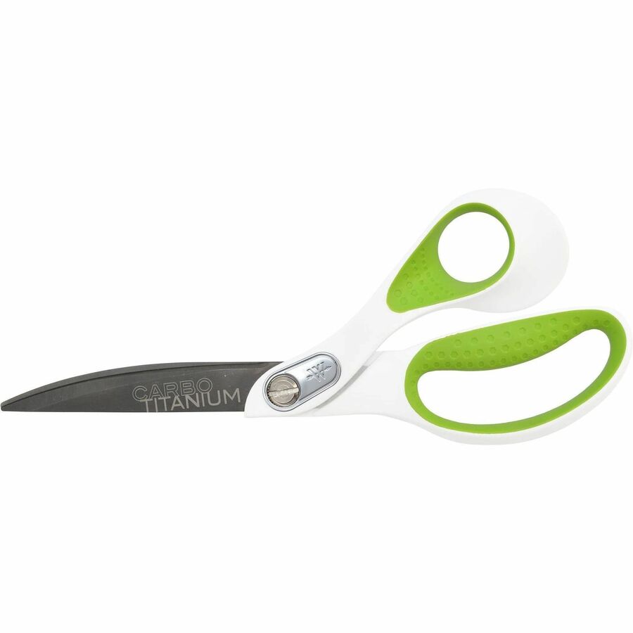 Westcott Carbo Titanium Bent Scissors - 4.50" Cutting Length - 9" Overall Length - Bent-right - Blunted Tip - White, Green - 1 Each