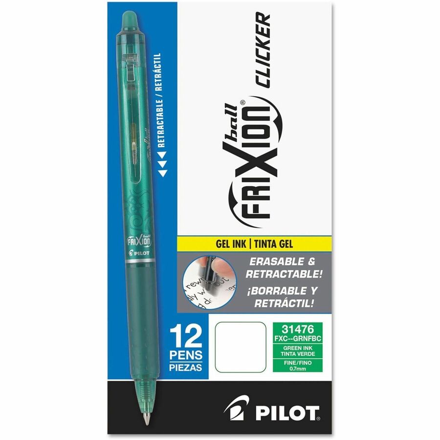 FriXion Clicker Erasable Gel Pen - Retractable - Erasable - Green Ink - Gel-based - Green Barrel - Document - 12 / Dozen