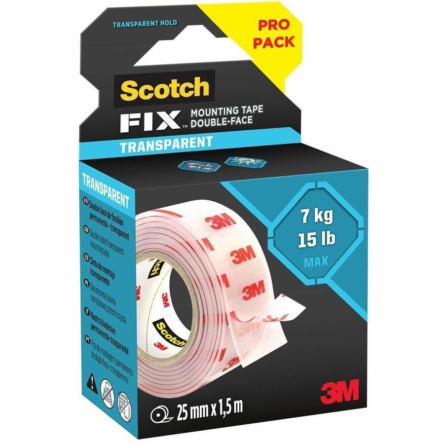 Scotch Scotch-Mount Clear Double-Sided Mounting Tape - 5 ft Length x 1" Width - Clear - Acrylic Backing - Acrylic Adhesive - For Multi Surface, Multipurpose - 1 Roll