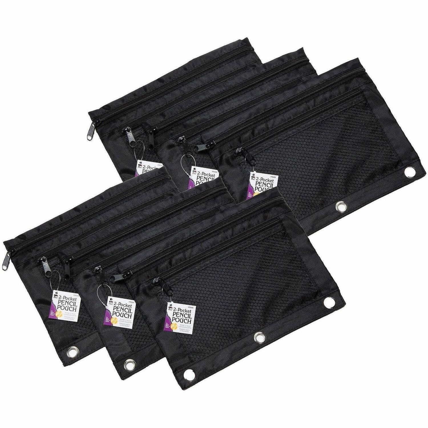 Charles Leonard 2-Pocket Binder Pencil Pouches - 3 x Holes - 3 x Rings - Ring Binder - Black - Nylon, Fabric - 1 Each