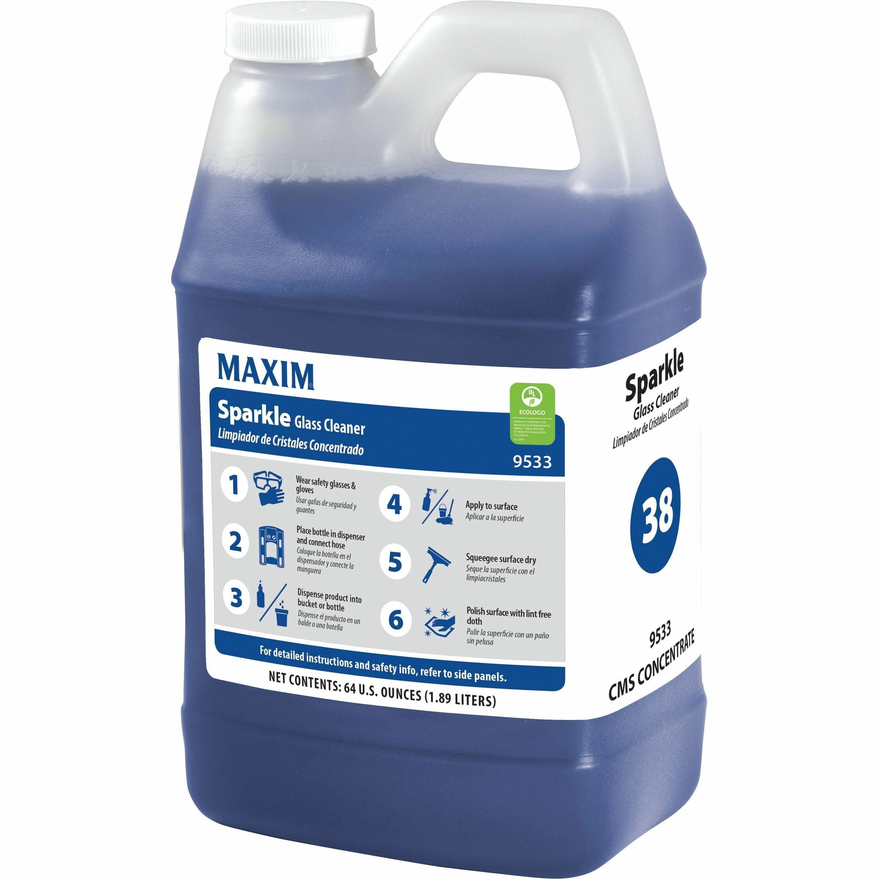 Maxim Sparkle Glass Cleaner - For Window, Metal, Plastic, Fiberglass, Hard Surface, Glass, Mirror, Chrome - Concentrate - Liquid - 64 fl oz (2 quart) - 7.5 to 8 pH - Streak-free, Versatile, Quick Drying, Eco-friendly, Ammonia-free - Blue - 4 / Carton