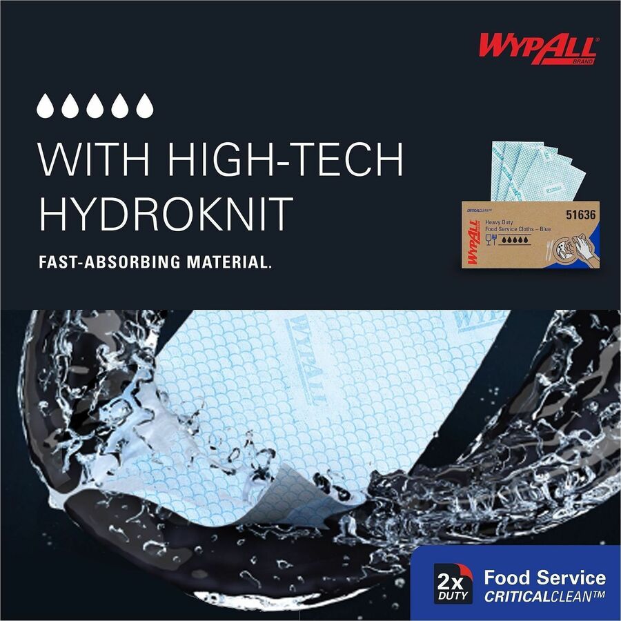 Wypall Critical Clean Foodservice Cloths - Quarter-fold - 12.50" Width x 23.50" Length - Blue - Hydroknit, Cellulose, Polypropylene - 200 Sheets/ - 200 / Box