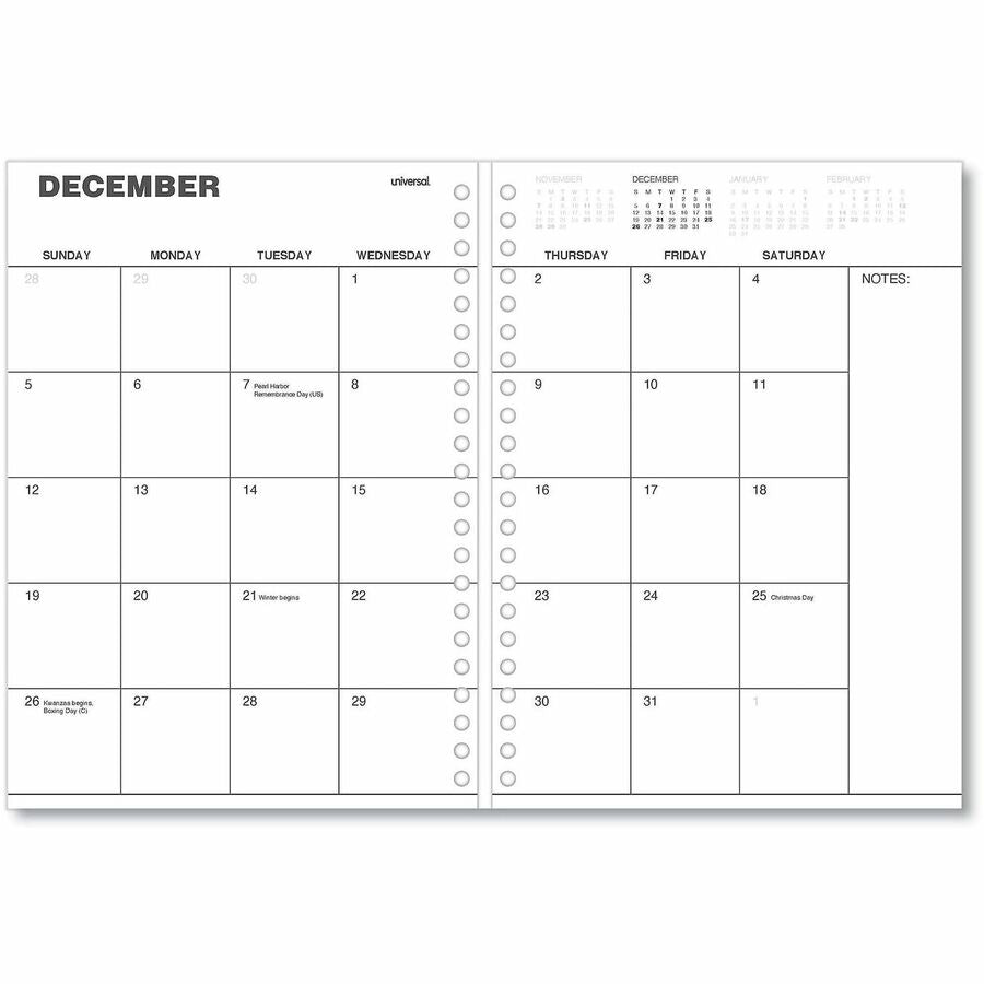 Universal Planner - Large - Monthly - 14 Month - December 2025 to January 2027 - 1 Month Double Page Layout - 8" x 11" Sheet Size - White Sheet - Twin Wire - Black Pajco Lexide, Faux Leather Cover - Future Planning Page, Dates to Remember Page, Holiday...