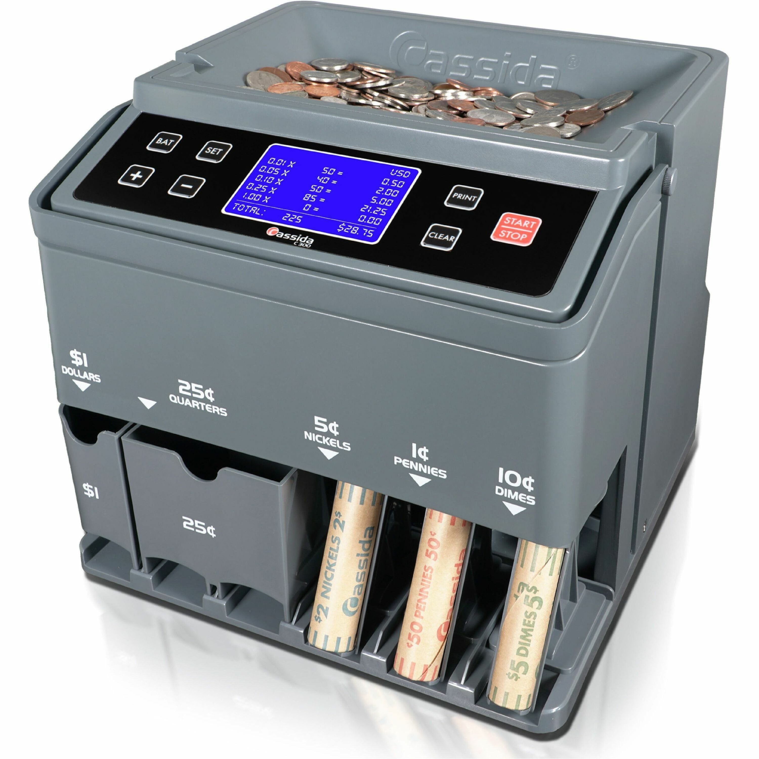 Cassida C300 Coin Counter/Sorter - 1900 Coin Capacity - Counts @ 300 coins/min - Gray
