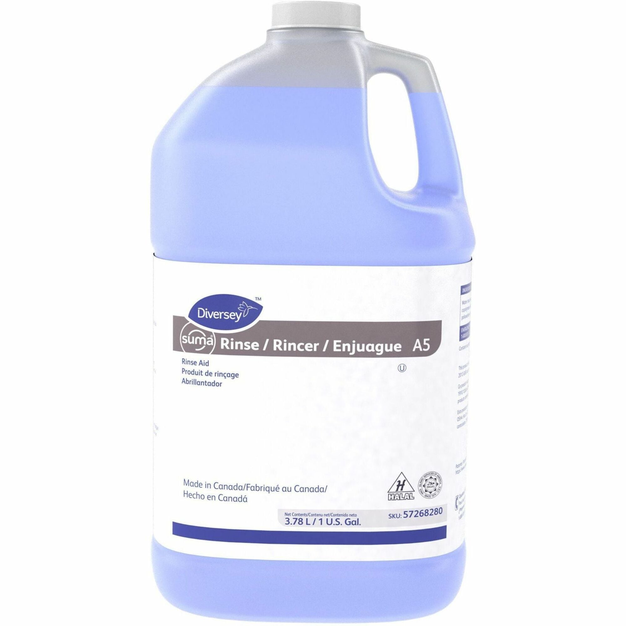 Suma Rinse A5 - For General Purpose, Dishwasher, Dish - Liquid - 128 fl oz (4 quart) - 7.1 to 7.42 pH - Surfactant Scent - Kosher, Low Foaming, Streak-free, Quick Drying - Blue - 4 Carton