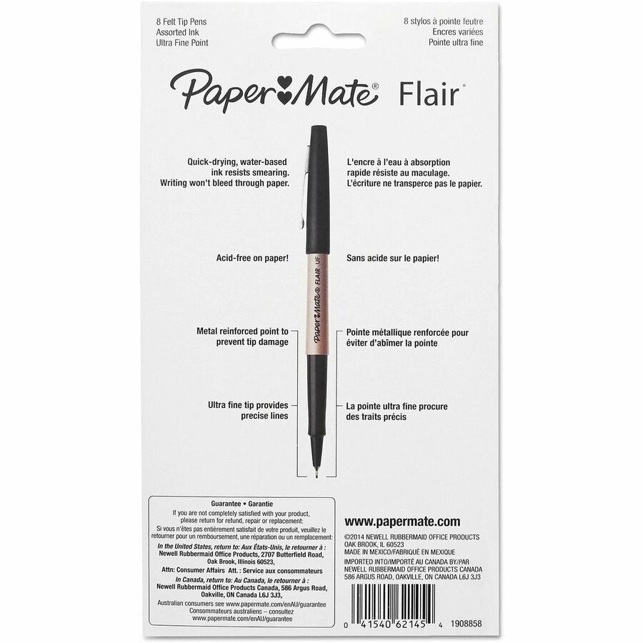 Paper Mate Flair Ultra Fine Pens - Ultra Fine, 0.4 mm, Needle Pen Point - Assorted Ink - Water Based - Assorted Stick Barrel - Felt, Metal Tip - Writing, Drawing - 8 / Pack