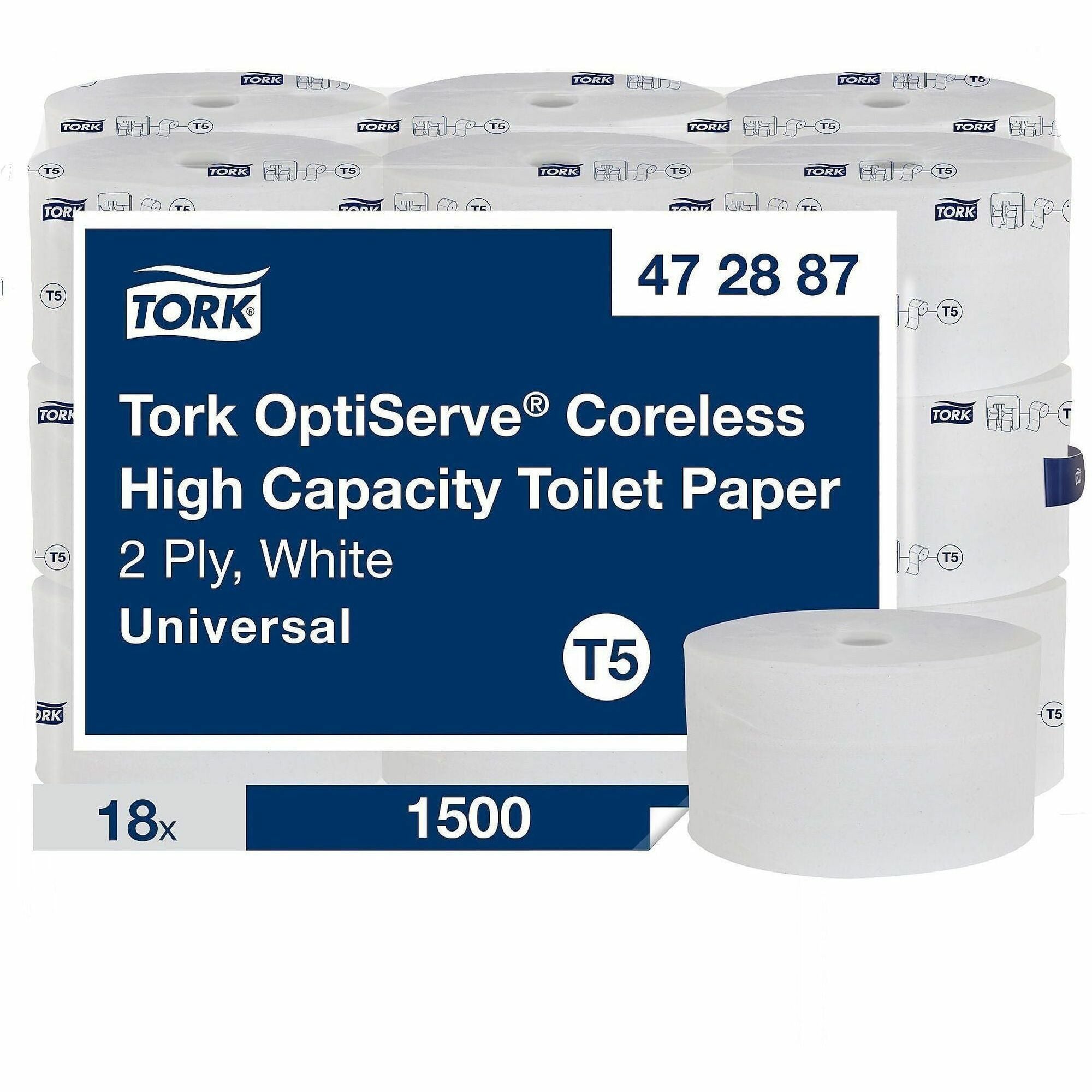 TORK OptiServe High Capacity Coreless Toilet Paper White T5 - 2 Ply - 3.70" Width x 500 ft Length - White - 1500 Sheets - 18 / Carton