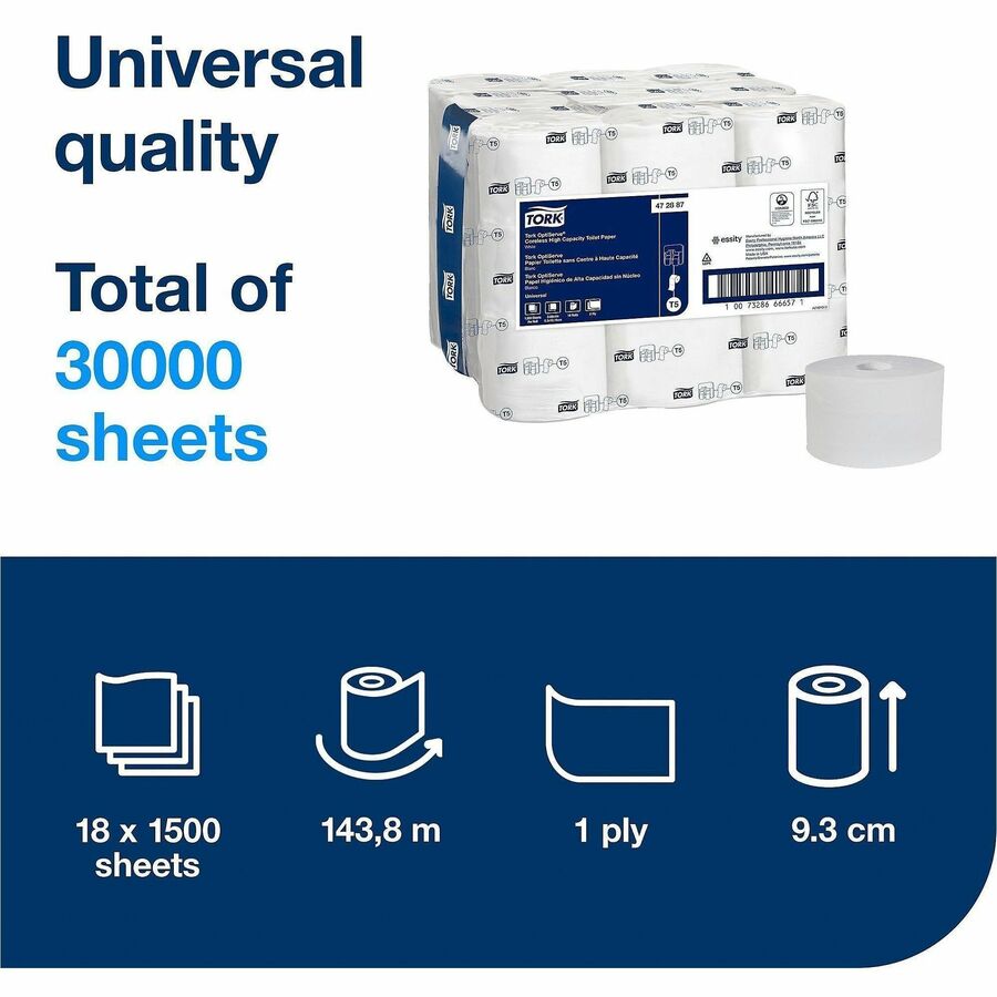 TORK OptiServe High Capacity Coreless Toilet Paper White T5 - 2 Ply - 3.70" Width x 500 ft Length - White - 1500 Sheets - 18 / Carton