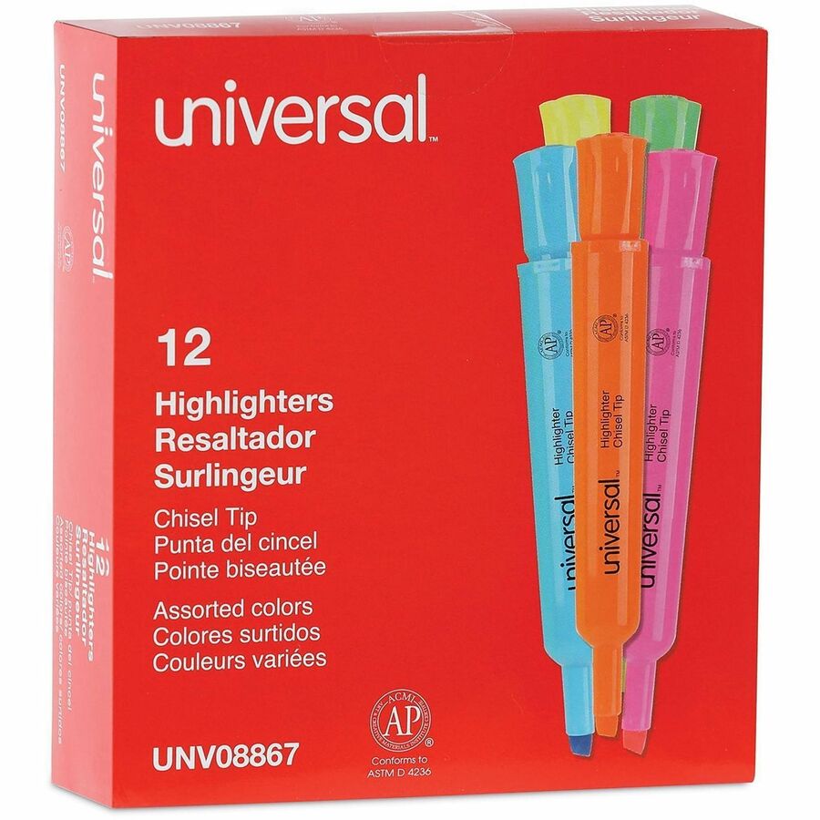 Universal Highlighter - Chisel Marker Point - Assorted, Fluorescent Yellow, Fluorescent Blue, Fluorescent Green, Fluorescent Orange, Fluorescent Pink Ink - Assorted Round, Yellow Tank, Blue, Green, Orange, Pink Barrel - 1 Dozen