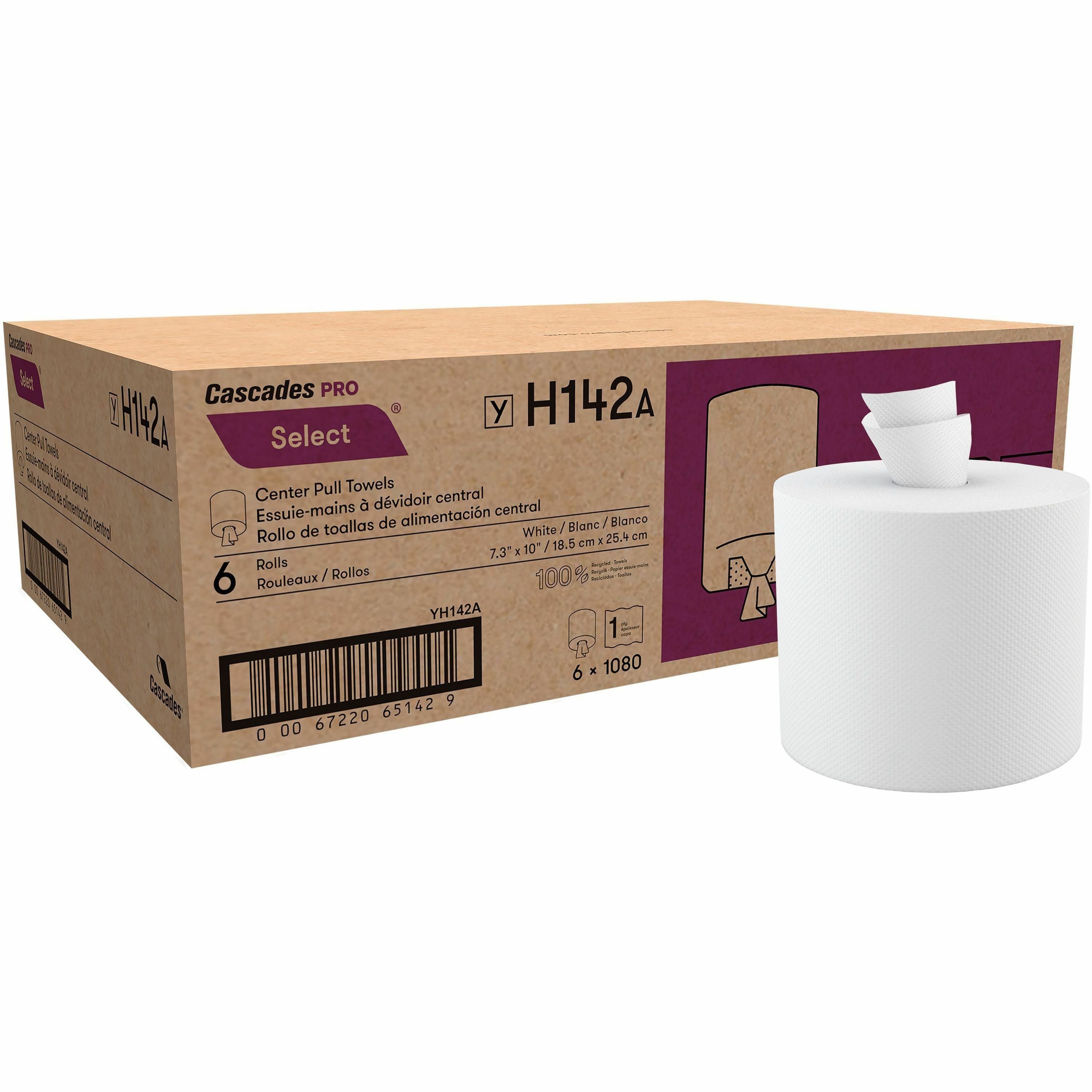 Cascades PRO Select Centerpull Hand Towels - 1 Ply - 7.30" Width x 10" Length - 1080 Sheets/Roll - 7.75" Roll Diameter - 2 1/4" Core - White - Fiber - 6 / Carton