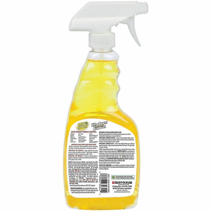 Krud Kutter Ultra-Power Adhesive Remover - 16 fl oz - For Asphalt, Caulk, Chewing Gum, Tape Adhesive, Oil, Grease, Carbon Black, Diesel Soot, Construction Adhesive, Oil Based Paint, Tar, ... - Clear - 1 Each