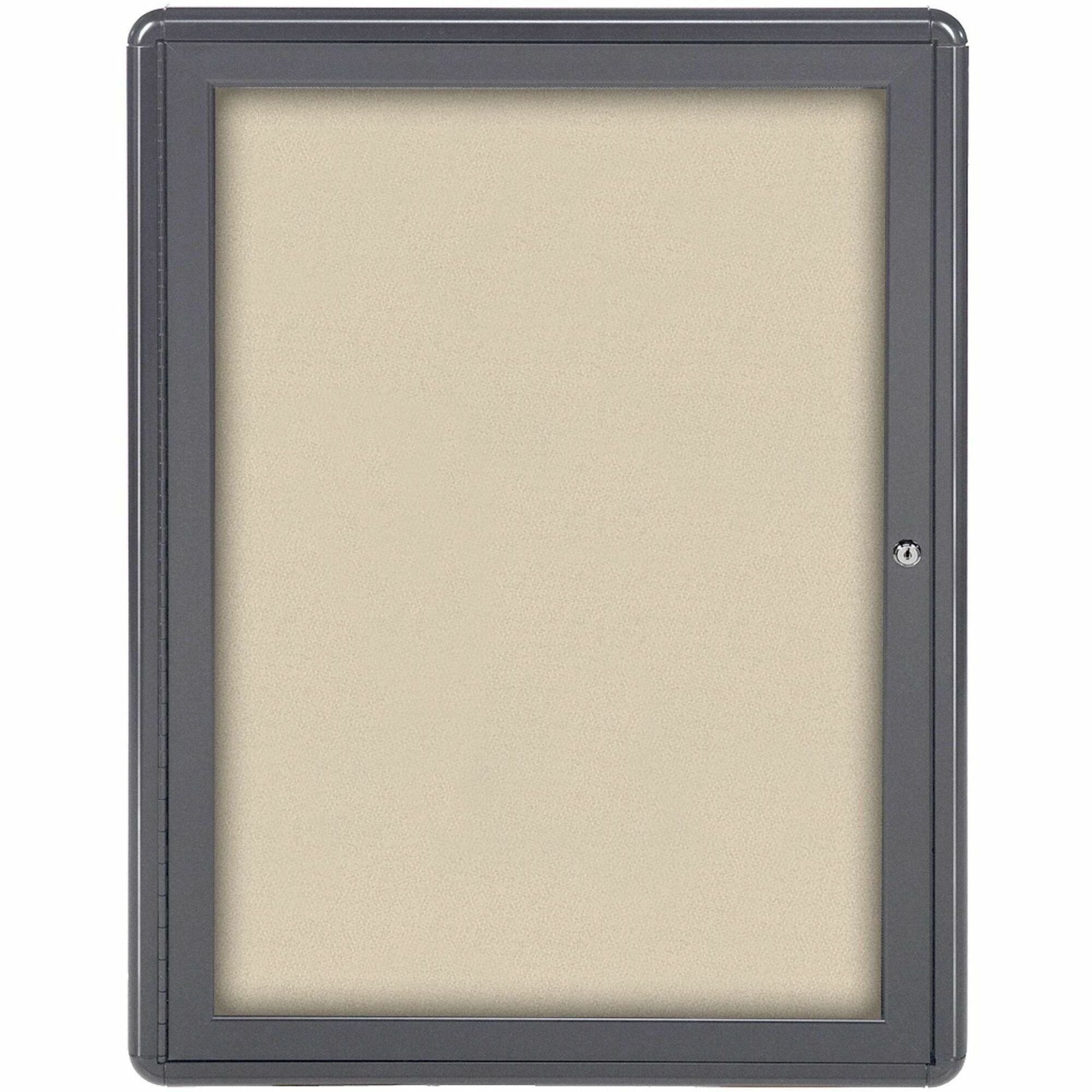 Ghent Ovation Enclosed Bulletin Board - 26" Board Height x 36" Board Width - Beige Fabric Surface - Gray Aluminum Frame - 1 Each