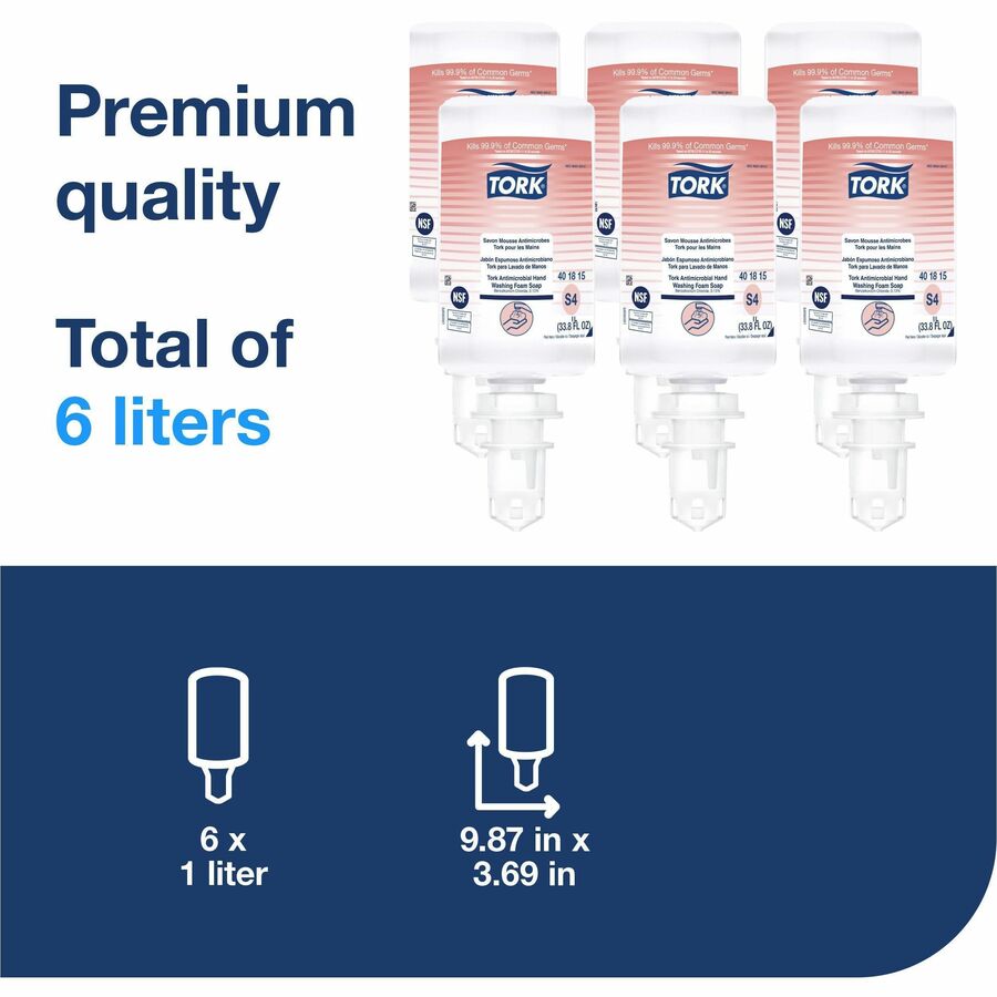TORK Antimicrobial Hand Washing Foam Soap S4 - Fragrance-free Scent - 1.06 quart - Pump Dispenser - Kill Germs, Bacteria Remover - Hand, Food Handling, Healthcare - Moisturizing - Antibacterial - Hygienic, Dye-free - 6 / Case