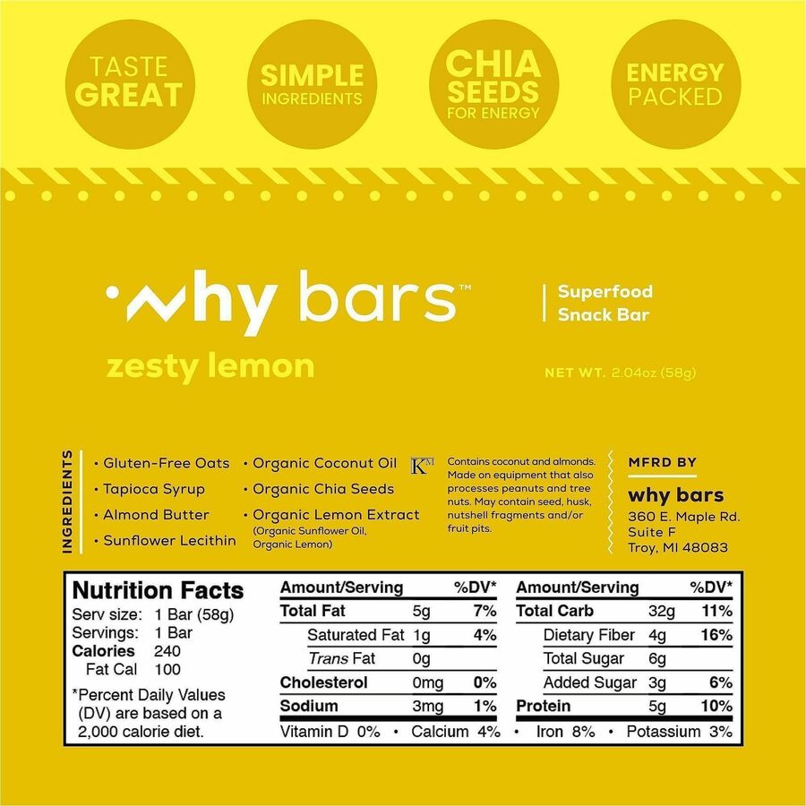 Why Bars Superfood Protein Snack Bars - Gluten-free, Dairy-free, Soy-free, Non-GMO, Individually Wrapped - Zesty Lemon - 2.04 oz - 12 / Pack