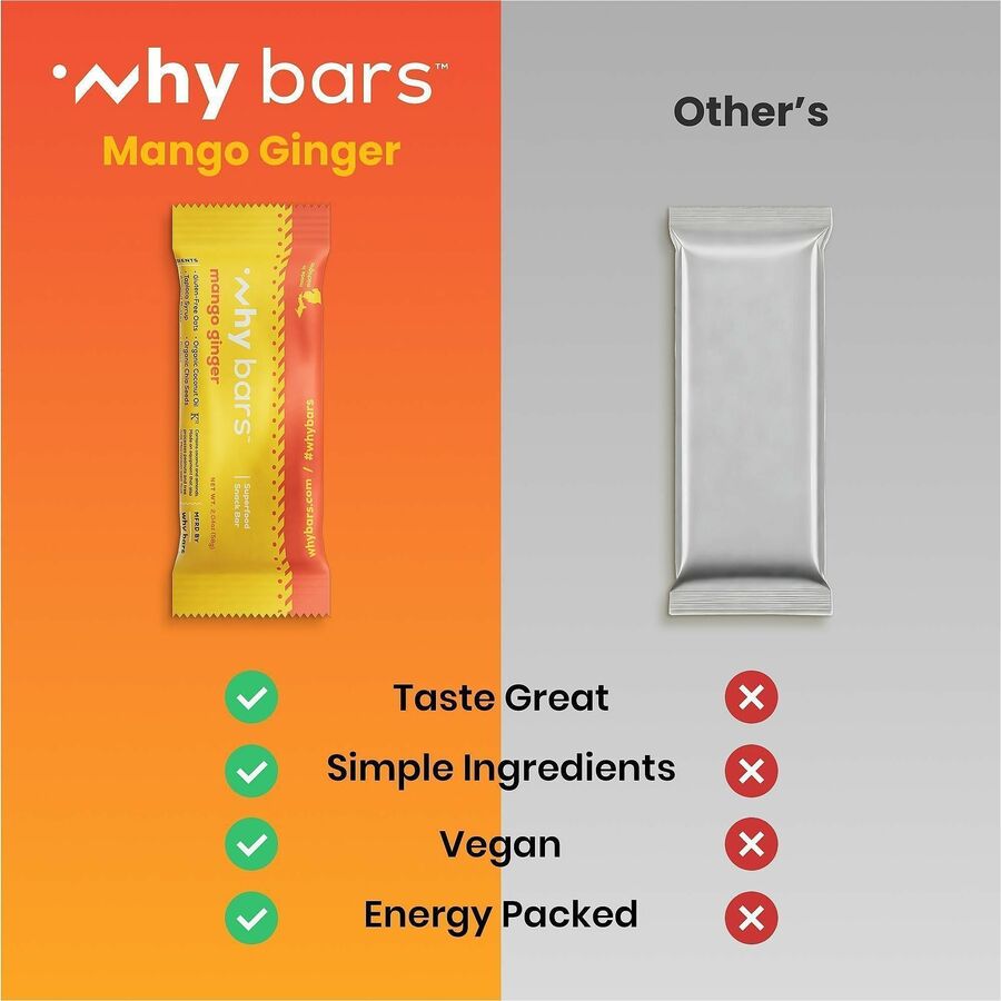 Why Bars Superfood Protein Snack Bars - Gluten-free, Dairy-free, Soy-free, Non-GMO, Individually Wrapped - Mango Ginger - 2.04 oz - 12 / Pack