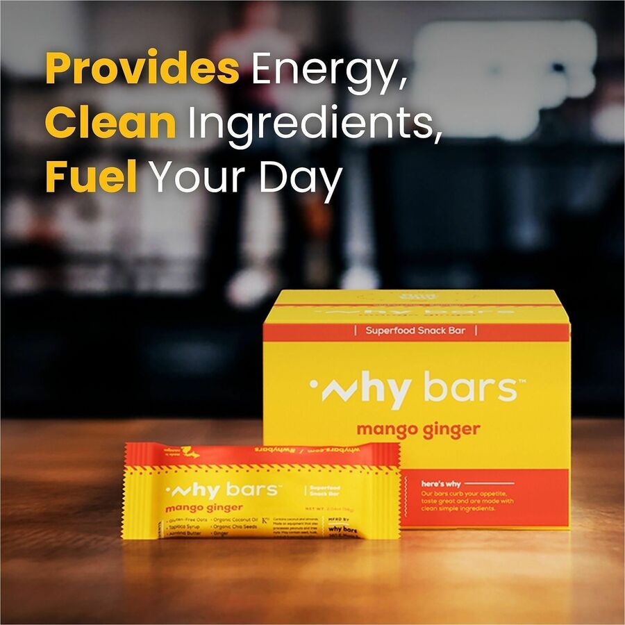 Why Bars Superfood Protein Snack Bars - Gluten-free, Dairy-free, Soy-free, Non-GMO, Individually Wrapped - Mango Ginger - 2.04 oz - 12 / Pack