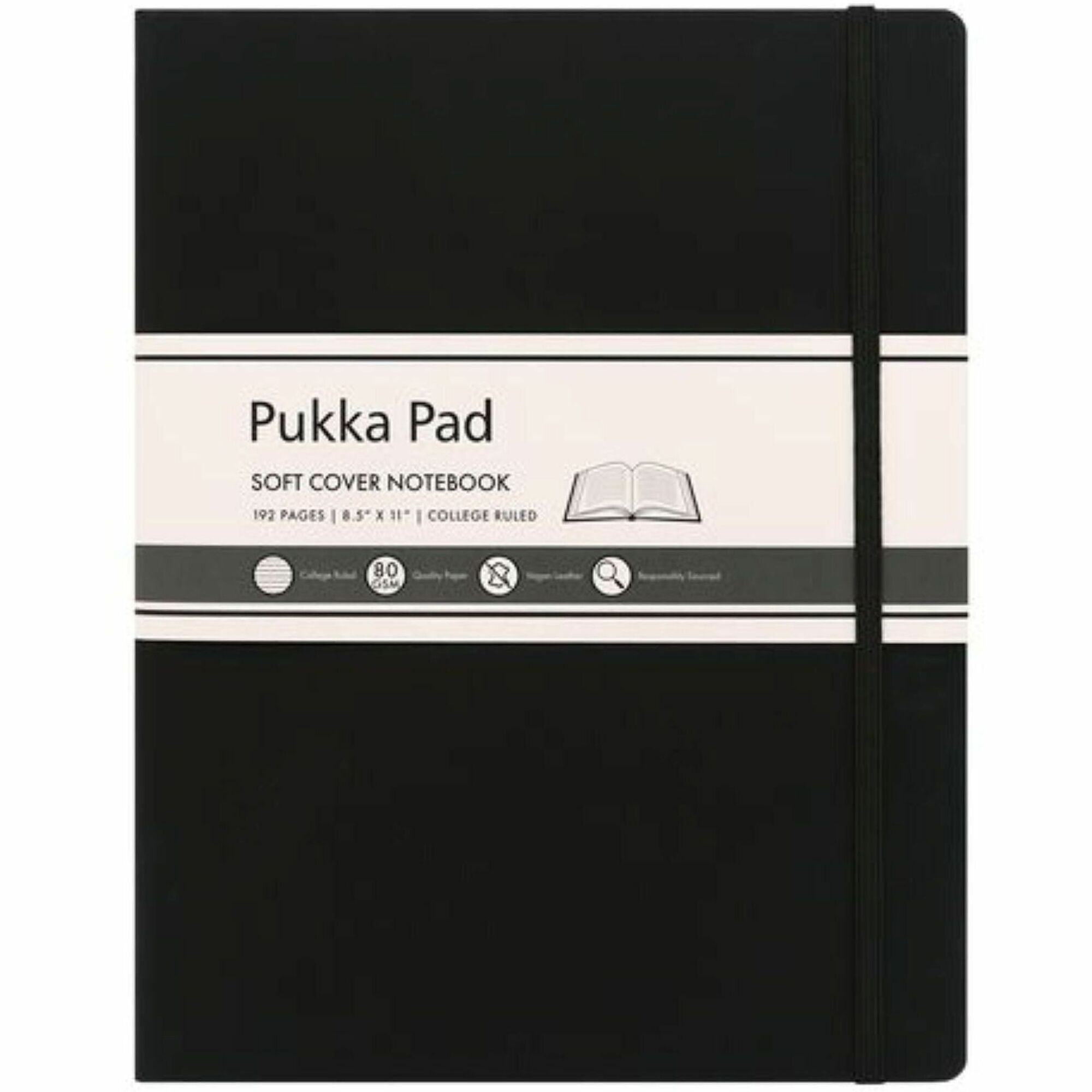 Pukka Pads Signature Notebook - 1 Subject(s) - 96 Sheets - 192 Pages - Casebound/Sewn - College Ruled Front Ruling - Ruled Margin - 80 g/m² Grammage - Letter - 8 1/2" x 11" Sheet Size - Cream Paper - Black Vegan Leather Cover - Soft Cover, Note Se...