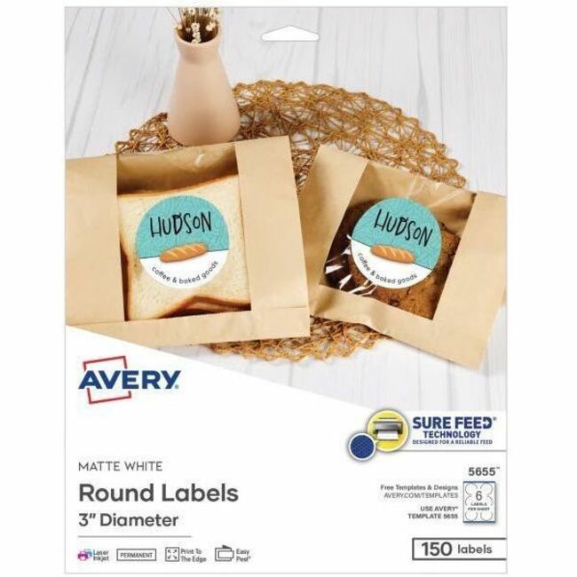 Avery® Multipurpose Label - 3" Diameter - Round - Matte White - 6 / Sheet - 150 Total Label(s) - 150 / Pack