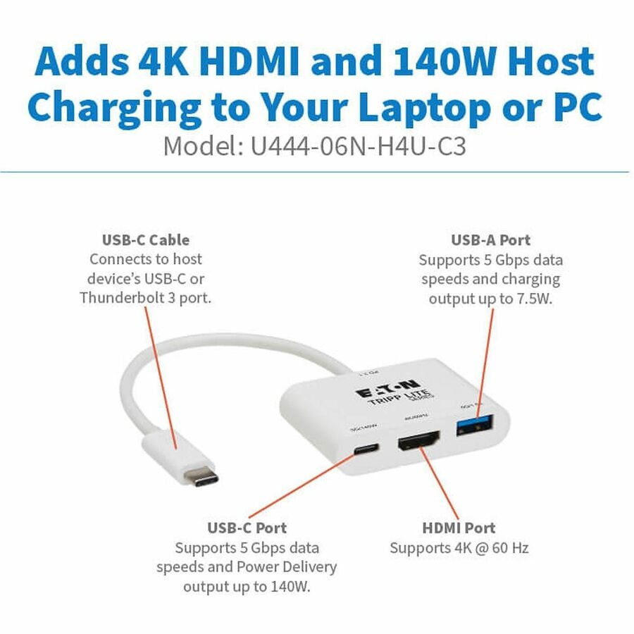 Tripp Lite series U444-06N-H4U-C3 HDMI/USB/USB-C Audio/Video Adapter - 1 x USB 3.2 (Gen 1) Type C - Male - 1 x HDMI Digital Audio/Video - Female, 1 x USB 3.2 (Gen 1) Type C - Female, 1 x USB 3.2 (Gen 1) Type A - Female - 4096 x 2160 Supported - Nickel ...