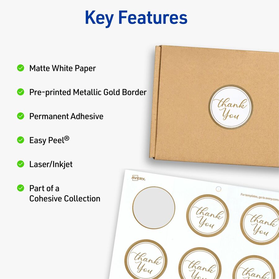 Avery® Multipurpose Label - x 2" Diameter - Permanent Adhesive - Round - Laser, Inkjet - Matte - White, Gold - Gold Border - Paper - PVC-free, Chlorine-free, Pre-printed, Easy Peel, Pop Up Edge, Tear Resistant, Strong Adhesive, Stick & Stay, Curl R...