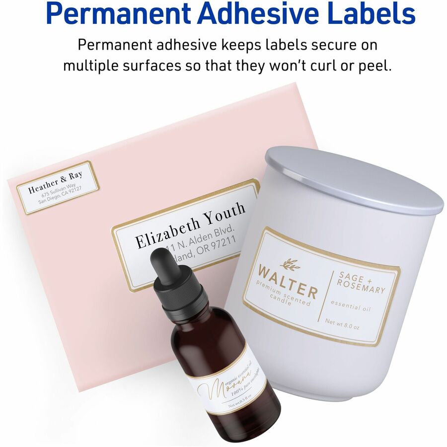 Avery® Multipurpose Label - x 2" Diameter - Permanent Adhesive - Round - Laser, Inkjet - Matte - White, Gold - Gold Border - Paper - PVC-free, Chlorine-free, Pre-printed, Easy Peel, Pop Up Edge, Tear Resistant, Strong Adhesive, Stick & Stay, Curl R...