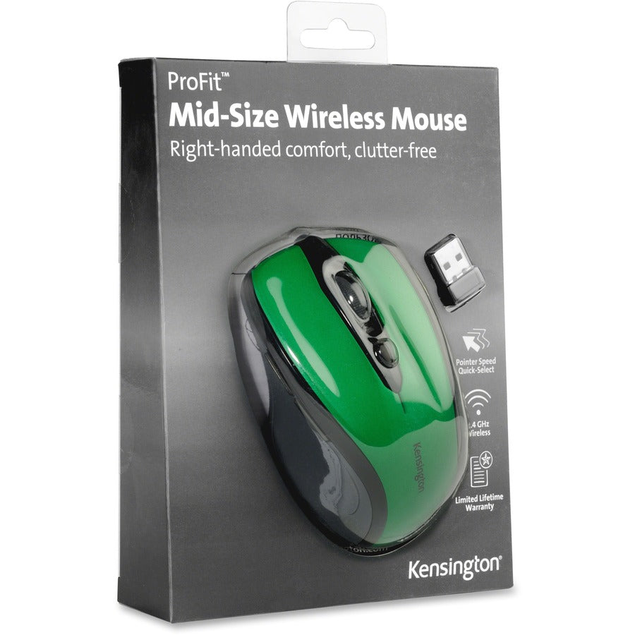 Kensington Pro Fit Mid-size Wireless Mouse - Optical - Wireless - Radio Frequency - 2.40 GHz - Emerald Green - USB - 1750 dpi - Scroll Wheel - Right-handed - 1