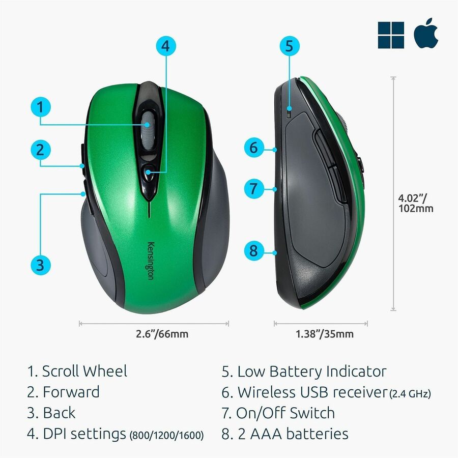 Kensington Pro Fit Mid-size Wireless Mouse - Optical - Wireless - Radio Frequency - 2.40 GHz - Emerald Green - USB - 1750 dpi - Scroll Wheel - Right-handed - 1