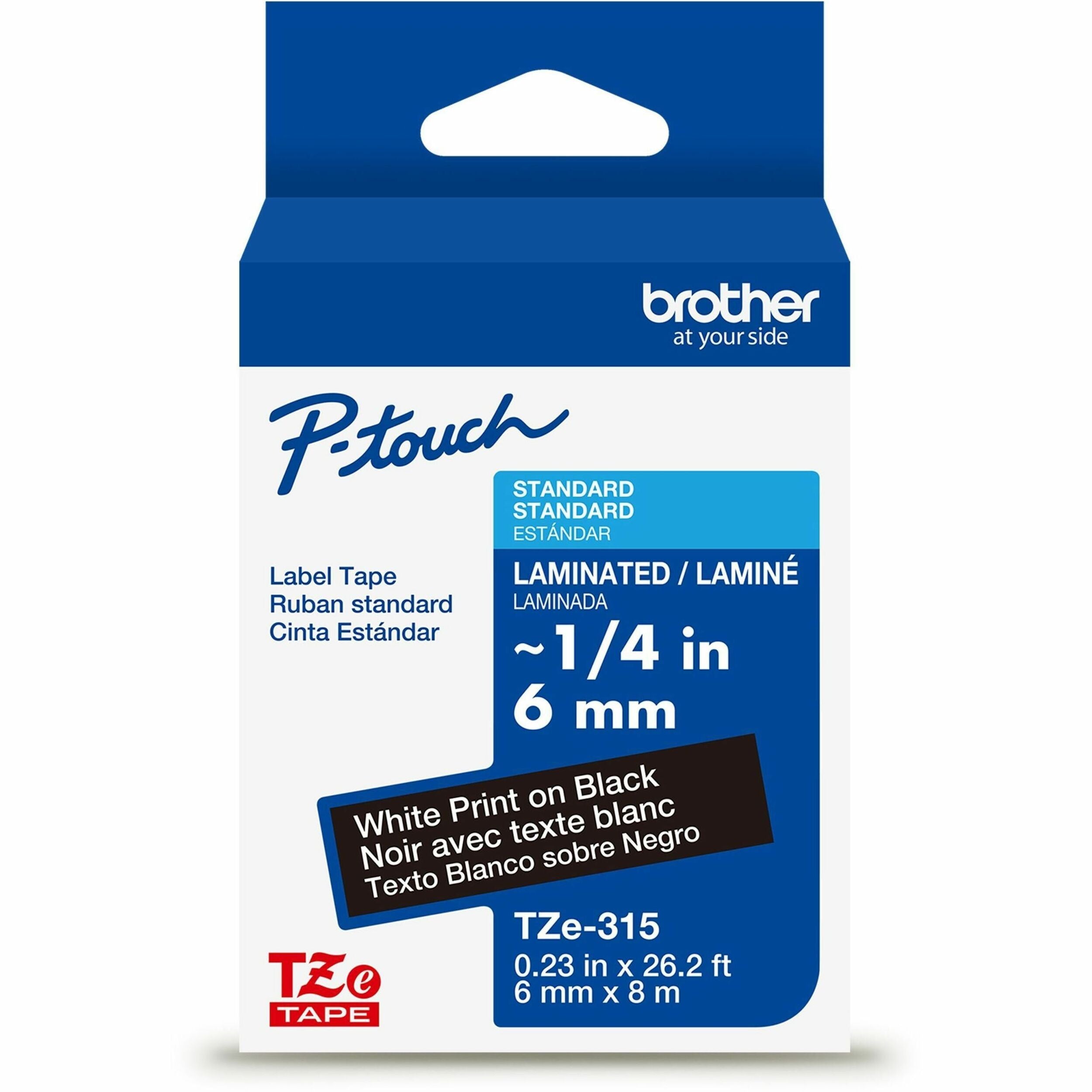 Brother Genuine P-touch TZe315 WHT on BK Label Tape, Laminated, 6mmX8m - 15/64" Width - Black - Laminated - Water Resistant - Durable, Abrasion Resistant, Chemical Resistant, Grease Resistant, Grime Resistant, Temperature Resistant, Fade Resistant, Spl...