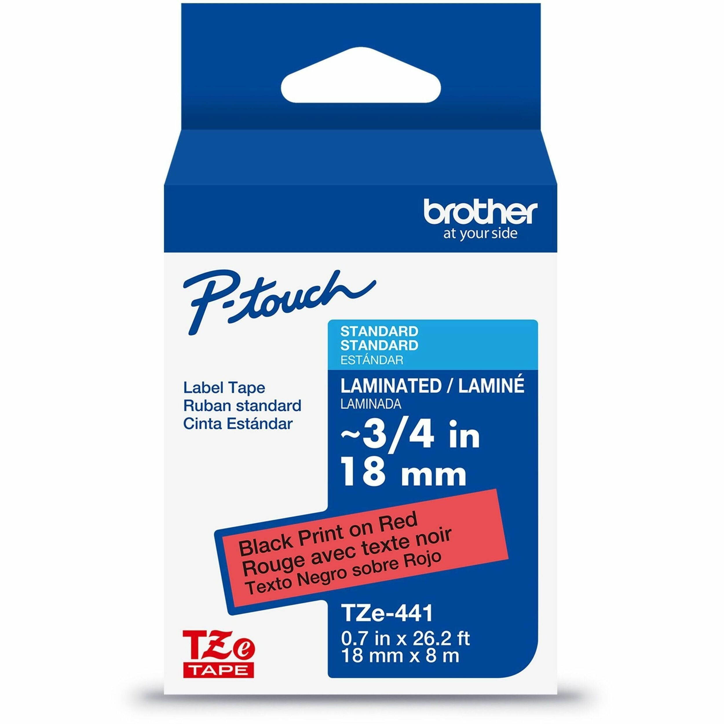 Brother Genuine P-touch TZe441 BK on RD Label Tape, Laminated, 18mmX8m - 45/64" Width - Red - Laminated - Water Resistant - Durable, Abrasion Resistant, Chemical Resistant, Grease Resistant, Grime Resistant, Temperature Resistant, Fade Resistant, Split...