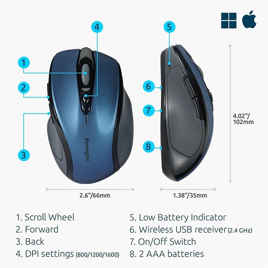 Kensington Pro Fit Mid-Size Wireless Mouse Saphire Blue - Optical - Wireless - Radio Frequency - 2.40 GHz - Sapphire Blue - USB - 1750 dpi - Scroll Wheel - 3 Button(s) - Right-handed - 1