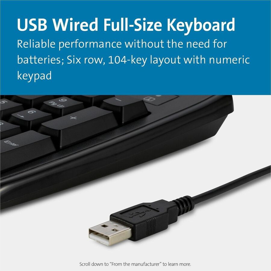Kensington Pro Fit Washable Antimicrobial Keyboard - Cable Connectivity - USB Interface - Black