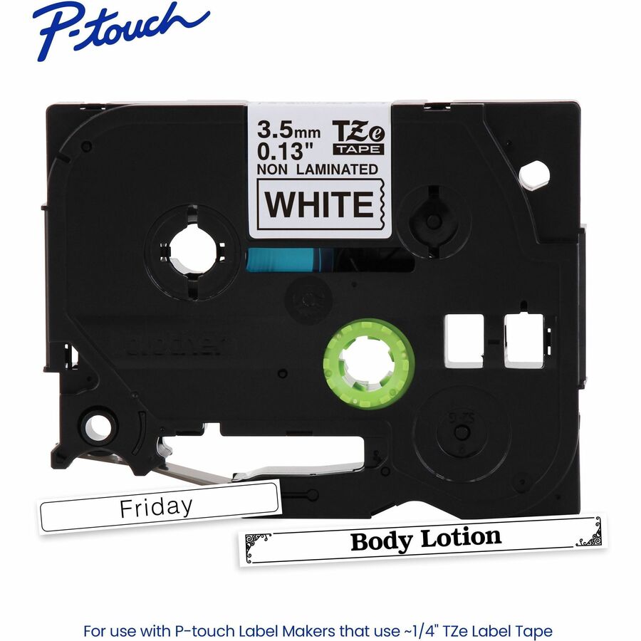 Brother Genuine P-touch TZeN201 BK on WHT Narrow Non-Laminated Label Tape, 3.5mmX8m - 9/64" Width - White - Water Resistant - Durable, Abrasion Resistant, Chemical Resistant, Grease Resistant, Grime Resistant, Temperature Resistant, Fade Resistant, Non...