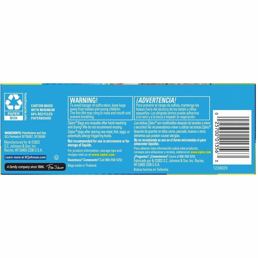 Ziploc® Grip n' Seal Freezer Bags - 5.88" Length x 6.50" Width - Seal Closure - Textured Grip - Plastic - Sandwich, Fruit, Lunch, Vegetables - 12/Carton - 12 / Carton