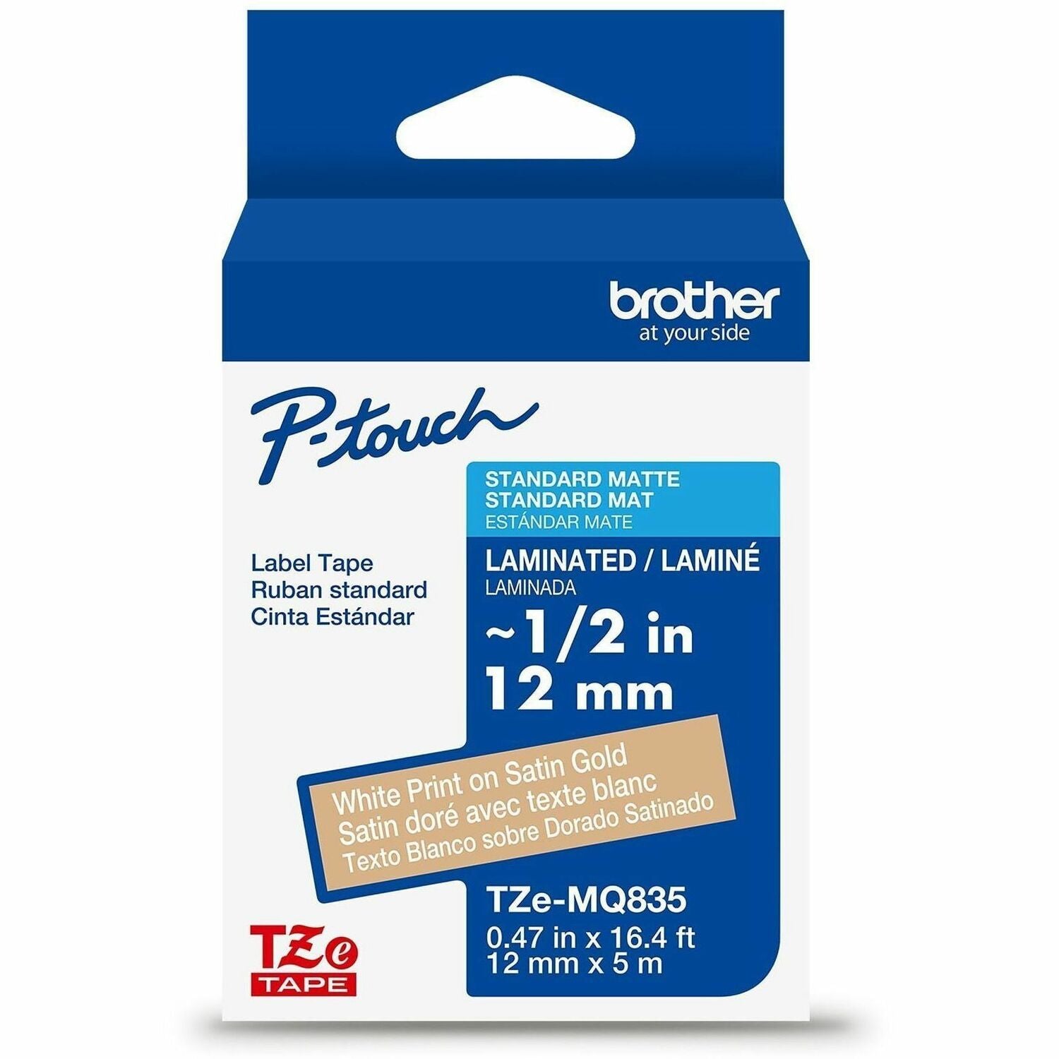 Brother Genuine P-touch TZeMQ835 WHT on SATIN GLD Label Tape, Laminated, 12mmX5m - 15/32" Width - Satin Gold - Laminated - Water Resistant - Durable, Abrasion Resistant, Chemical Resistant, Grease Resistant, Grime Resistant, Temperature Resistant, Fade...