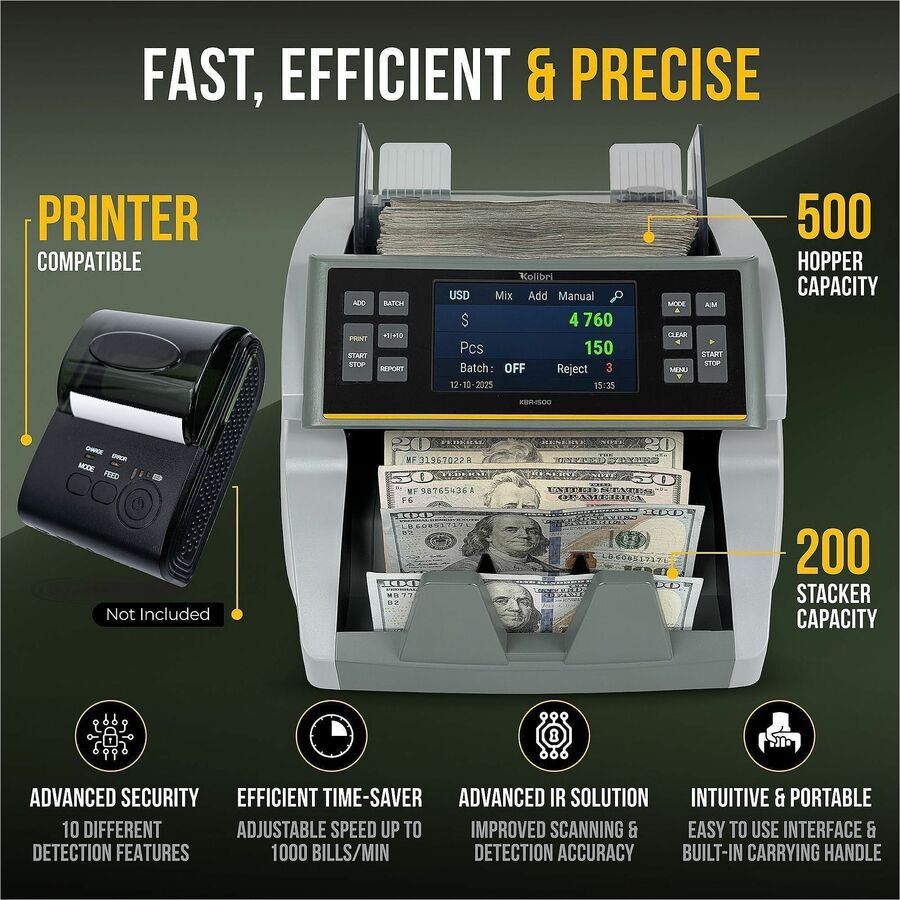 Kolibri KBR-1500 V2 Mixed Bill Counter - Counts @ 1200 bills/min - Gray