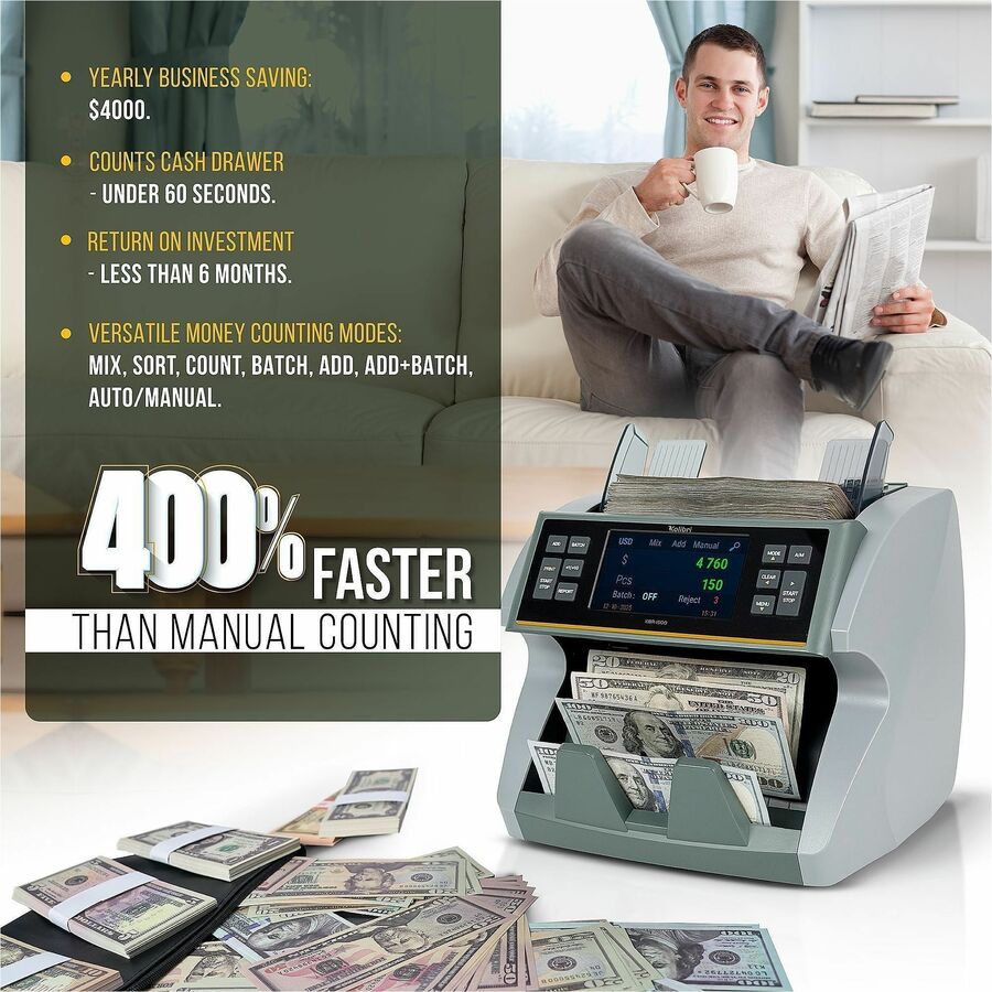 Kolibri KBR-1500 V2 Mixed Bill Counter - Counts @ 1200 bills/min - Gray