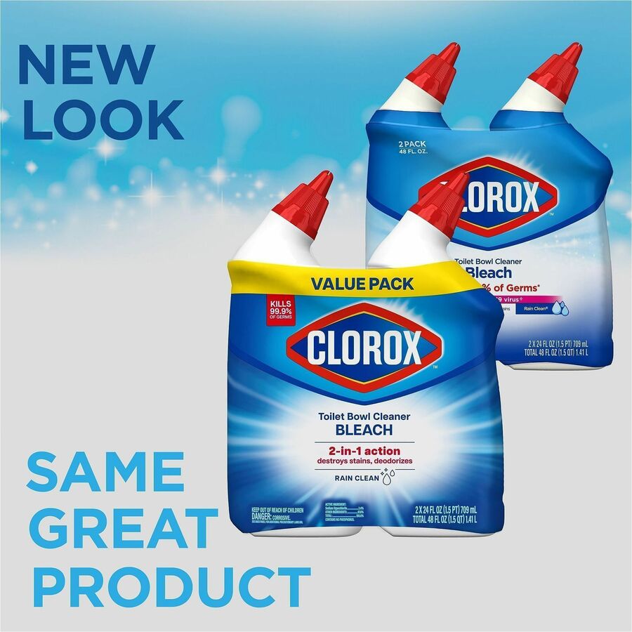 Clorox Toilet Bowl Cleaner with Bleach - For Toilet, Toilet Bowl - 24 fl oz (0.8 quart) - Rain Clean Scent - Recommended For: Stain Remover, Odor Remover, Bacteria Remover, Germs Remover, Mold Remover, Mildew Remover - Deodorize, Disinfectant, Phosphor...