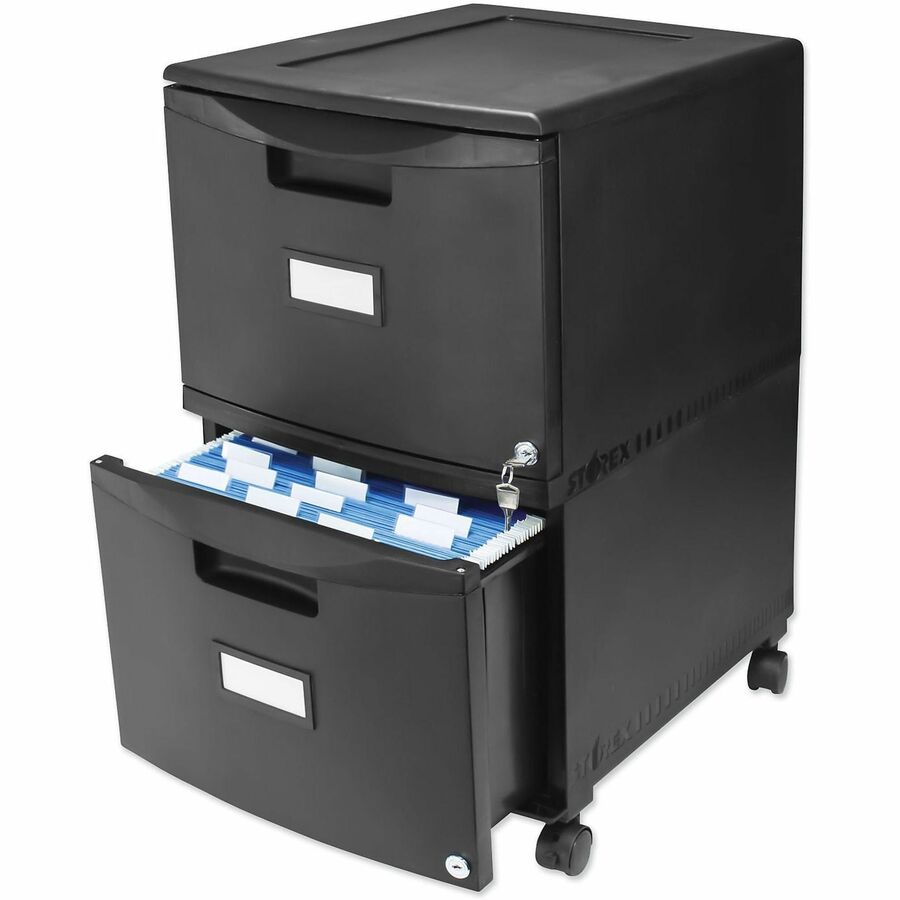 Storex 2-Drawer Locking Mobile Filing Cabinet - 14.7" Width x 18.2" Depth x 26" Height - 2 x Drawer(s) for File - Letter, Legal - Mobility, Lockable, Heavy Duty, Hanging Rail, Locking Drawer, Label Holder, Locking Casters - Black - Plastic