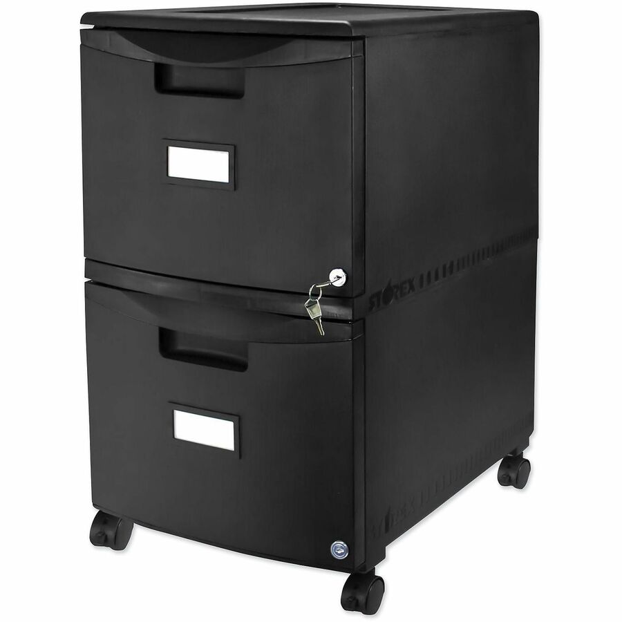 Storex 2-Drawer Locking Mobile Filing Cabinet - 14.7" Width x 18.2" Depth x 26" Height - 2 x Drawer(s) for File - Letter, Legal - Mobility, Lockable, Heavy Duty, Hanging Rail, Locking Drawer, Label Holder, Locking Casters - Black - Plastic