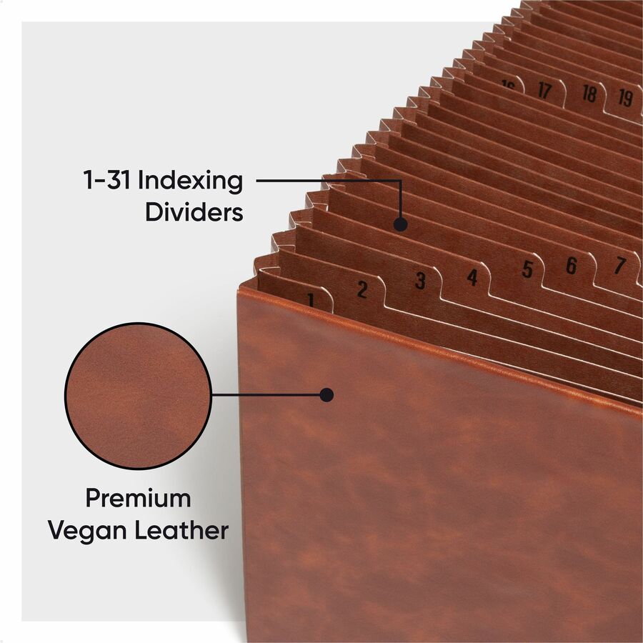 Smead TUFF Letter Expanding File - 8 1/2" x 11" - 6200 Sheets Capacity - 31 Pocket(s) - Top Tab Location - Assorted Tab Position - 30 Divider(s) - Vegan Leather - Brown - Durable, Reinforced Gusset, Reinforced Edges - 1 Each