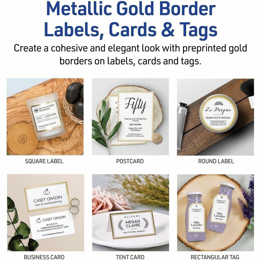 Avery 2" x 4" Labels With Metallic Gold Borders - x 2" Width x 4" Length - Permanent Adhesive - Rectangle - Inkjet, Laser - White - Metallic Gold Border - Foil - Reflective, Smudge-free - 10 / Sheet - For Label Printer - 100 / Pack