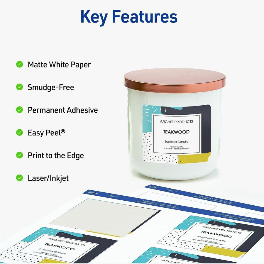 Avery Matte White 3"x3" Square Labels - 3" Height x 3" Width - Permanent Adhesive - Square - Laser, Inkjet - White Matte - Paper - Adhesive, Jam Resistant, Easy Peel, Pop Up Edge, Smudge-free, Print-to-the Edge - 6 / Sheet - 150 / Pack