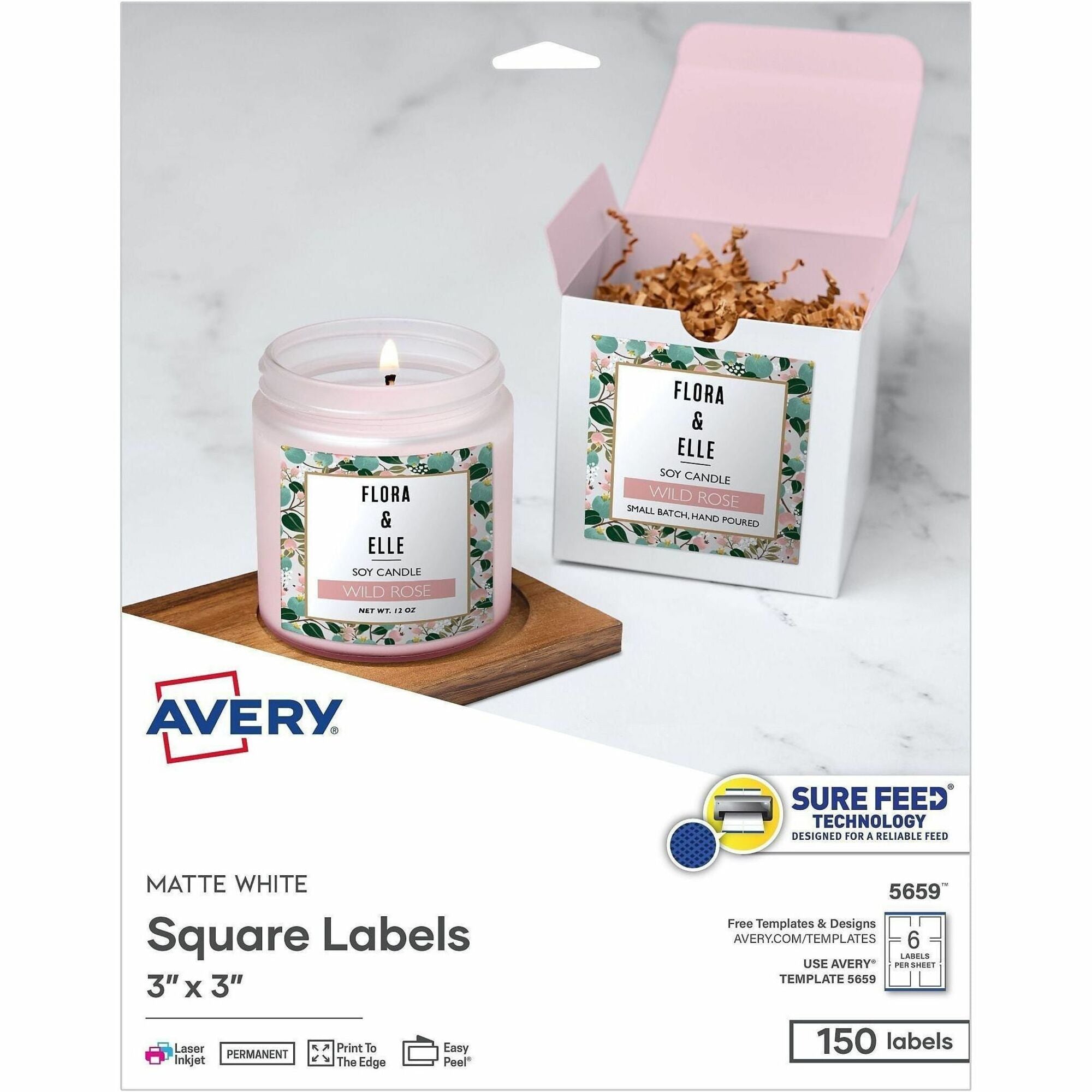 Avery Matte White 3"x3" Square Labels - 3" Height x 3" Width - Permanent Adhesive - Square - Laser, Inkjet - White Matte - Paper - Adhesive, Jam Resistant, Easy Peel, Pop Up Edge, Smudge-free, Print-to-the Edge - 6 / Sheet - 150 / Pack