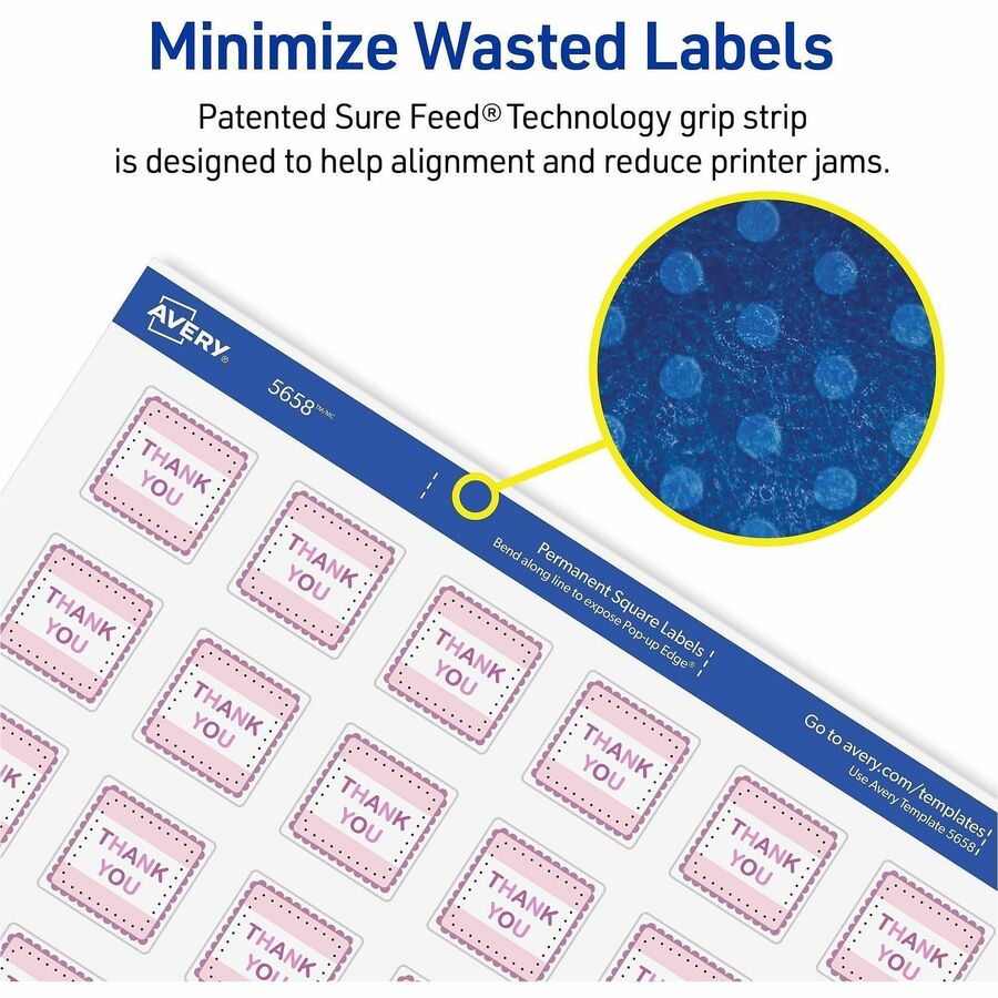 Avery Matte White Square Labels - x 1" Width x 1" Length - Square - Inkjet, Laser - Matte - Matte White - Pop Up Edge, Easy Peel, Smudge-free, Print-to-the Edge, Jam Resistant - 48 / Sheet - 1200 Total Label(s) - For Label Printer - 1200 / Pack